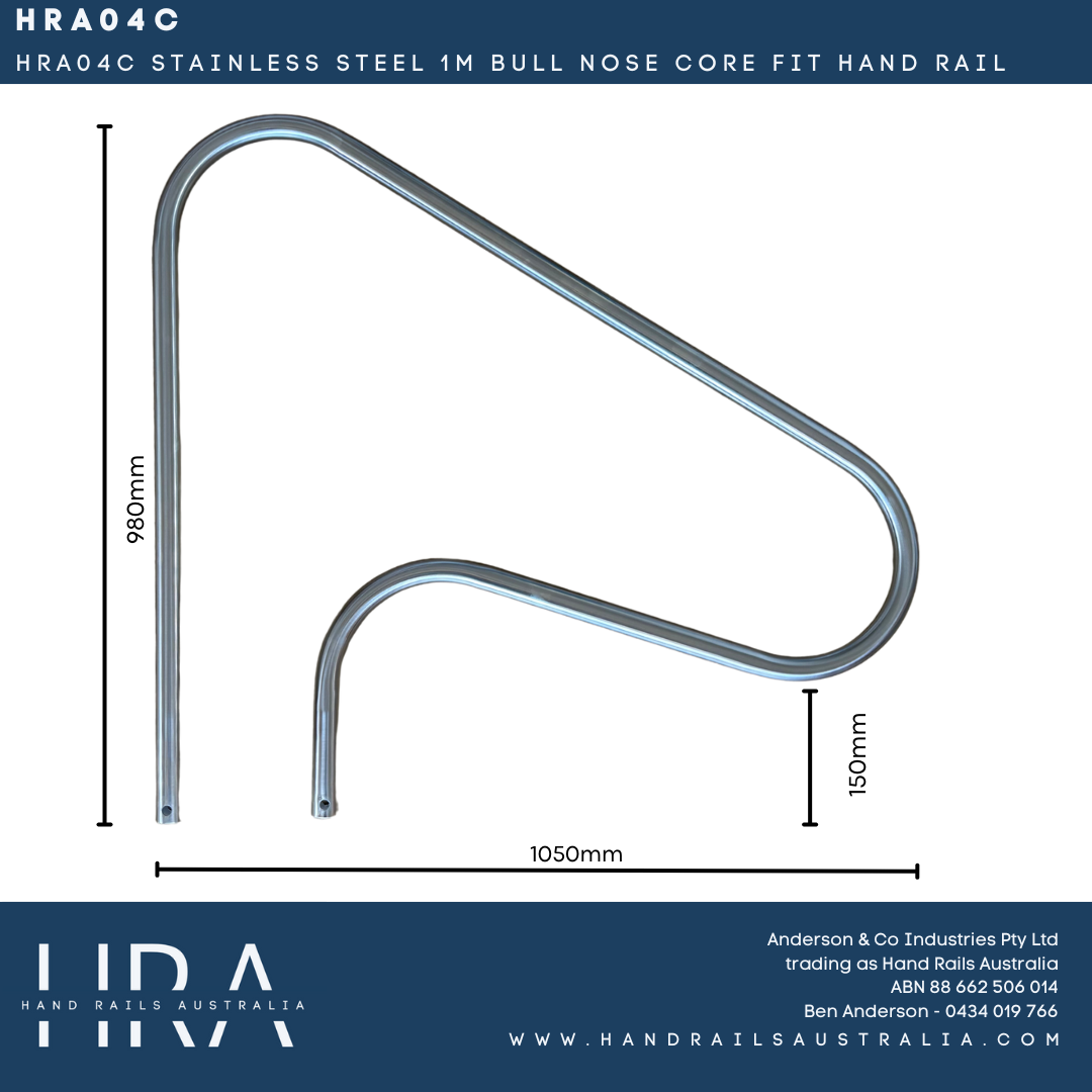HRA04C Stainless Steel 1m Bull Nose Core Fit Hand Rail