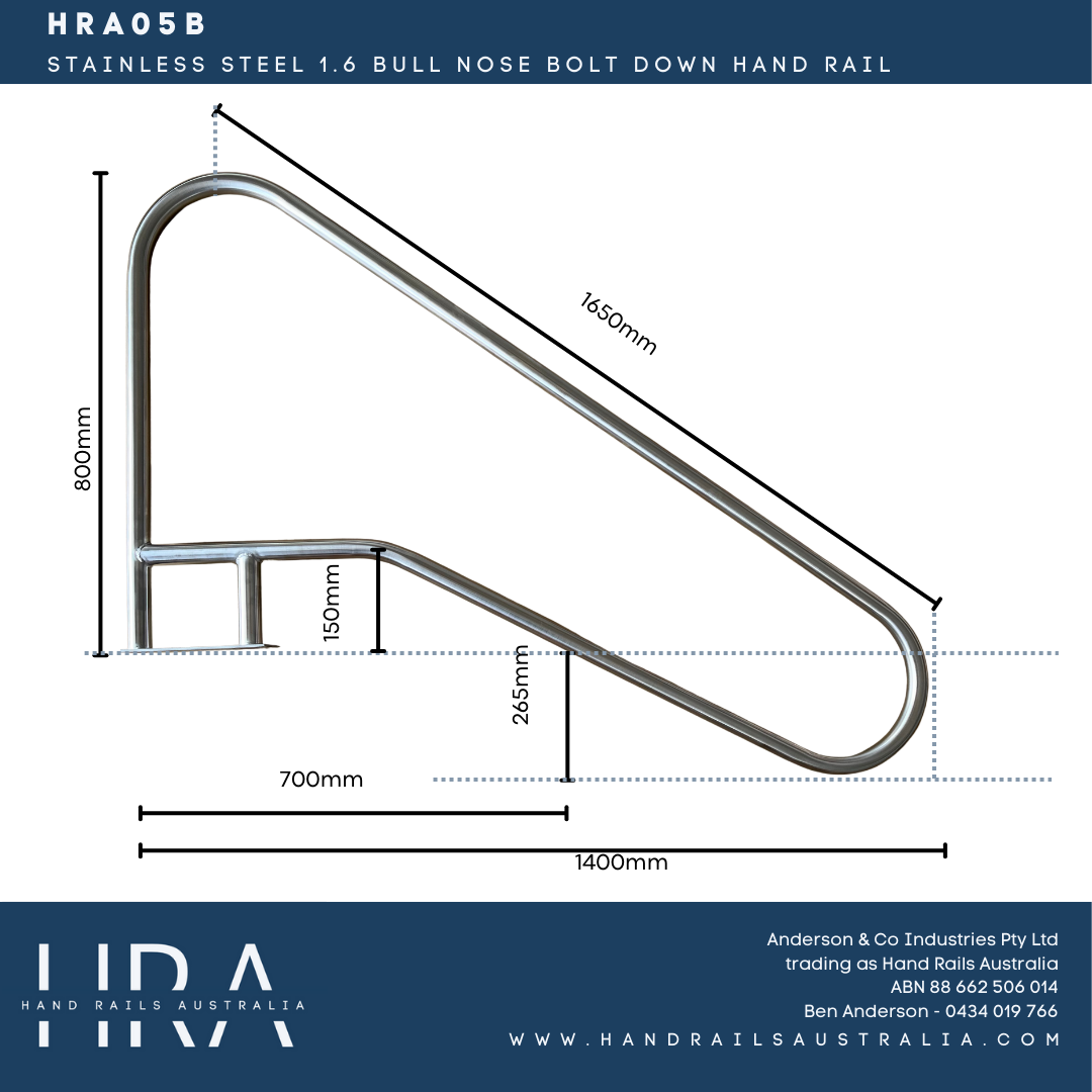 HRA05B Stainless Steel 1.6m Bull Nose Bolt Down Hand Rail
