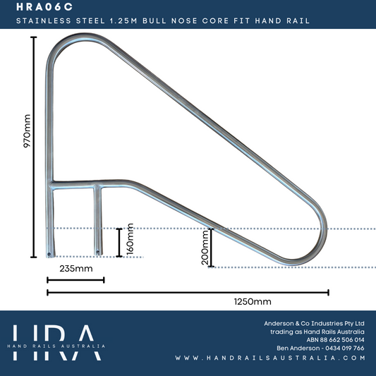 HRA06C Stainless Steel  1.25m Bull Nose Core Fit Hand Rail