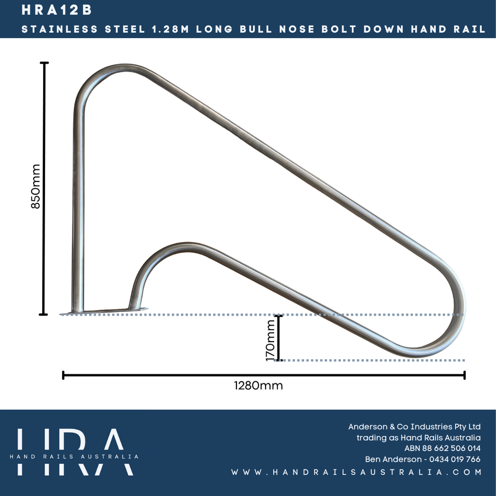 Stainless Steel 1.28m Long Bull Nose Bolt Down Hand Rail - Hand Rails ...